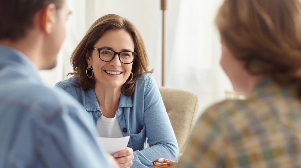 Professional woman smiling while speaking with two seated individuals in a supportive conversation setting, representing a collaborative ADHD coaching or client-centered coaching session.
