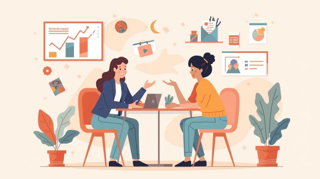 Illustrated scene of two women seated at a table in a coaching-style conversation, surrounded by charts and growth graphics, symbolizing strengths-based coaching and sustainable personal development.
