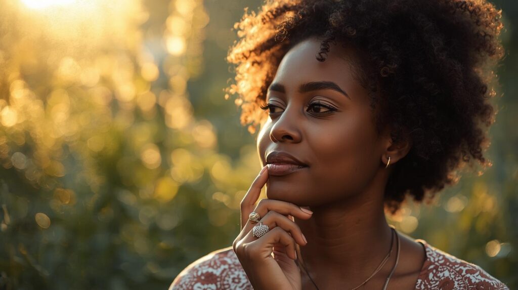 Close-up portrait of a Black woman with natural curly hair standing outdoors at golden hour, thoughtfully resting her hand on her chin, representing reflection, self-awareness, and adult ADHD understanding.