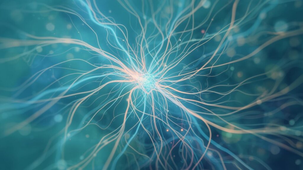 Abstract digital illustration of glowing interconnected neural pathways on a teal background, representing nervous system regulation, brain connectivity, and neurodivergent functioning.
