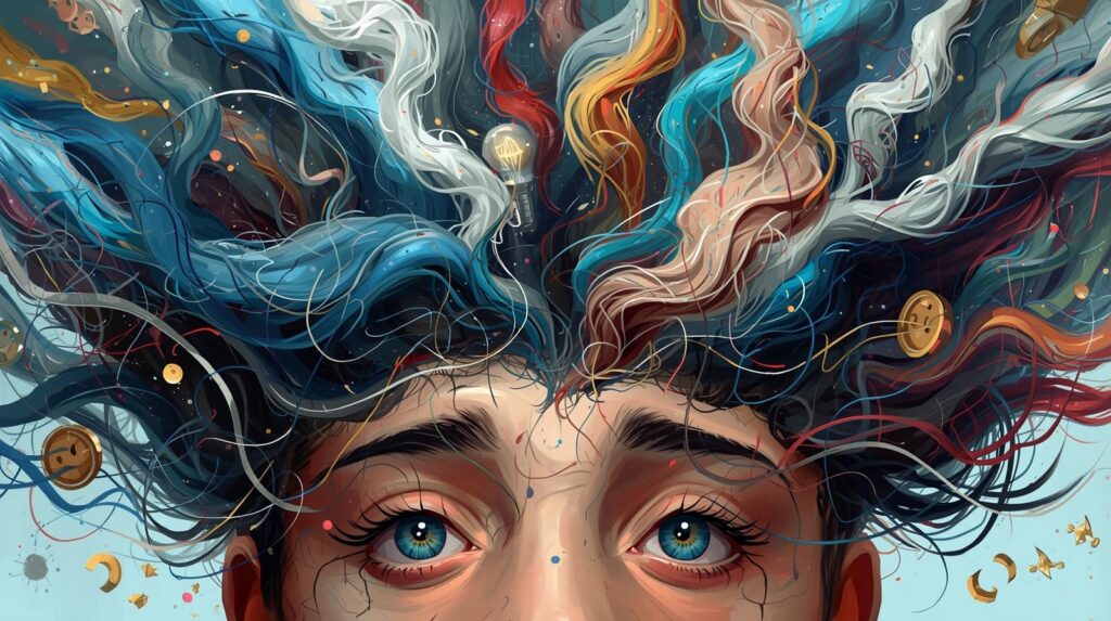 Artistic illustration of a woman’s face with colorful, flowing lines and abstract elements surrounding her head, symbolizing racing thoughts, executive functioning challenges, and emotional regulation in adult ADHD.